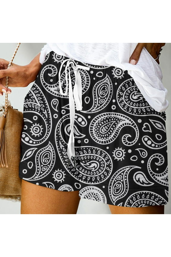 Womens Summer Cotton Graphic Printed Drawstring Bandag Shorts Casual Elastic Waist Loose Pocket Short Pants