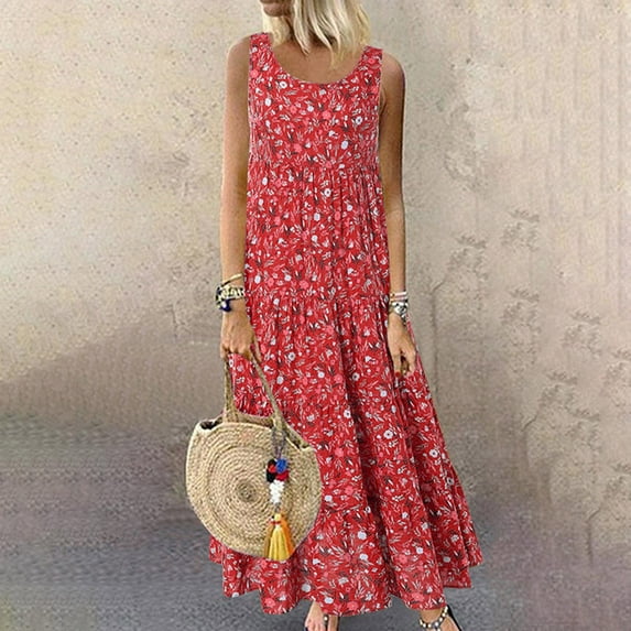 Babysbule Womens Summer Dresses Fashion Women's Plus Size Casual Floral Printed Round Neck Sleeveless Loose Knee-Length Dress