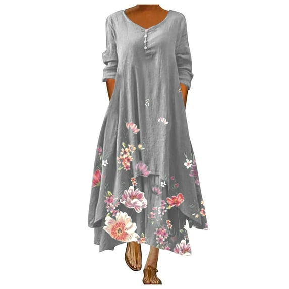 Babysbule Womens Summer Dresses, Women Casual Floral Print Dress O-Neck Long Sleeve Irregular Loose Long Dress