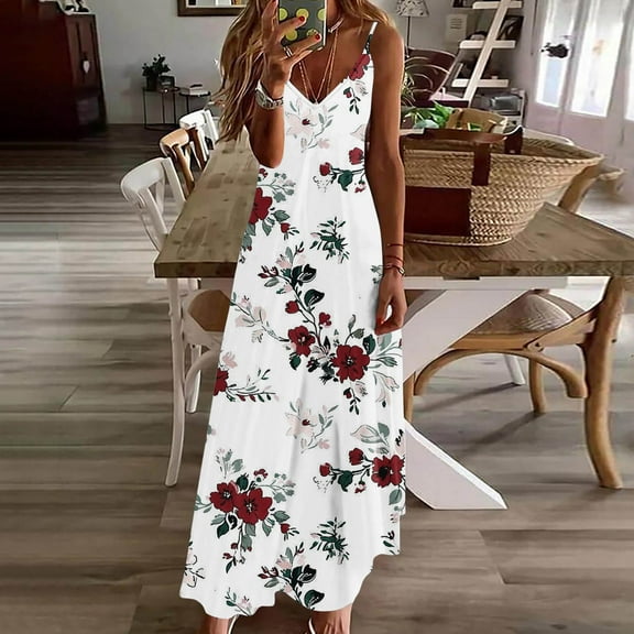 Babysbule Womens Summer Dresses, Women Casual Floral V-Neck Sleeveless Plus Size Summer Spaghetti Strap Dress