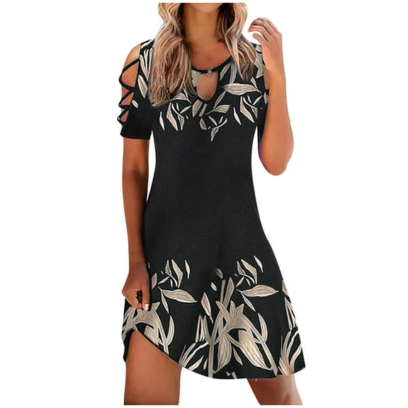 Babysbule Womens Summer Dresses, Women Casual Slimming Draw Back Printed Short Sleeves Cold Shoulder Dress