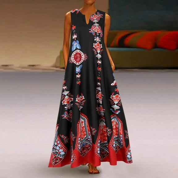 Babysbule Womens Summer Dresses, Women Plus Size Print Daily Casual Sleeveless Vintage Bohemian V Neck Maxi Dress