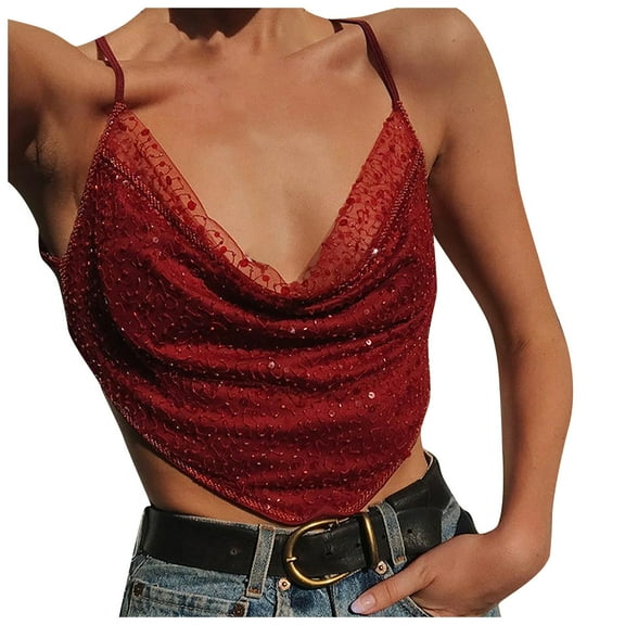 Babysbule Womens Summer Top Fashion Women's Camisole V-Neck Sleeveless Solid Sequins Vest Tank Tops