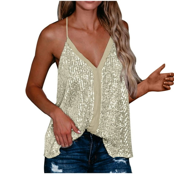 Babysbule Womens Summer Top Sequin Vests For Women Halter V-Neck Cami Sparkling Fashion Tank Tops Casual Party Club Vests