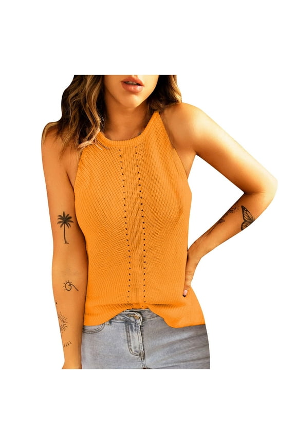 Womens Summer Top Women Casual Solid Sleeveless Halter Neck Tank Pullover Blouse Vest Tops