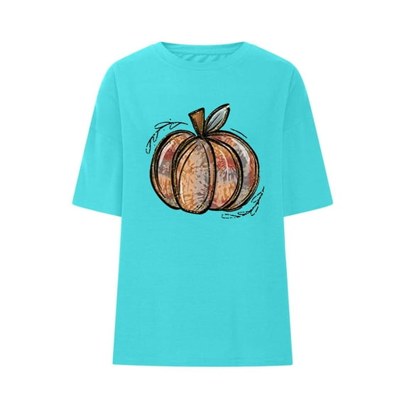 Babysbule Womens Summer Top Women's Pumpkin Shirt Women Plaid Leopard Graphic Tees Cute Short Sleeve Fall Shirt Thanksgiving Gift Tops