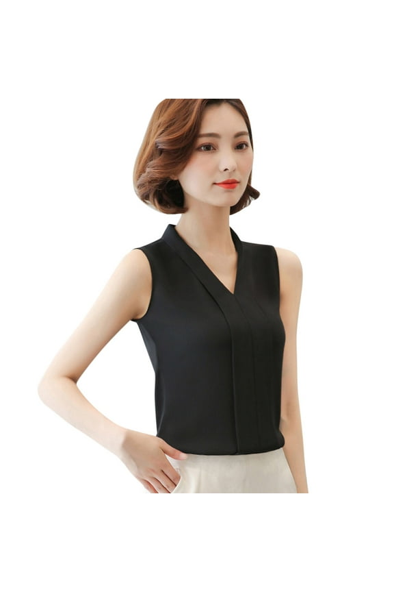 Womens Summer Tops Women Brief Office Work Wear V Neck Shirts Sleeveless Chiffon Casual Tops