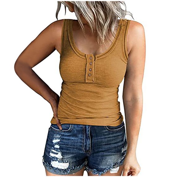 Babysbule Womens Summer Tops Clearance Women Casual Tanks Sleeveless Buttons Slimming Solid Pullover Vest Blouse Tops