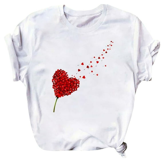 Babysbule Womens Summer Tops Women Valentine's Day Love Printed Solid Color Top Short Sleeve T-Shirt