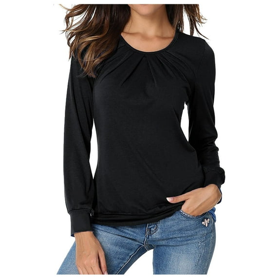 Babysbule Womens Summer Tops Women's Long-Sleeved O-Neck Pleated Casual Stretch Tunic Top Shirts Spring