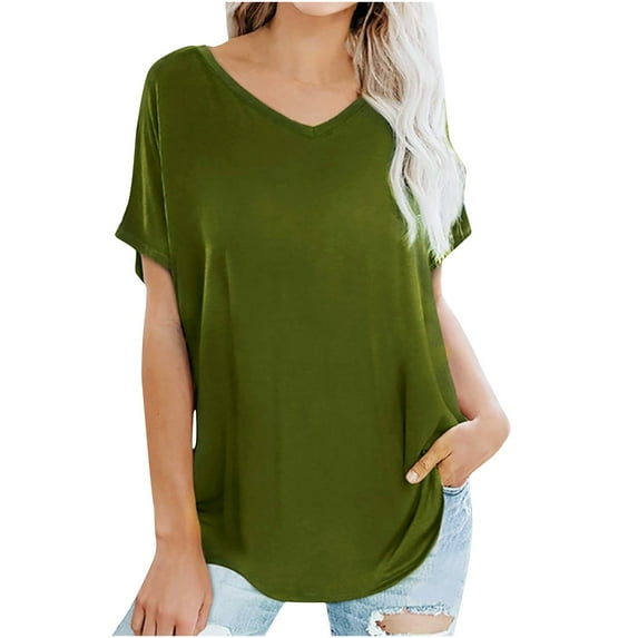 Babysbule Womens Summer Tops Clearance Women's Short Sleeve Tops V Neck Solid Color Casual Shirts Loose Fit Basic Blouse