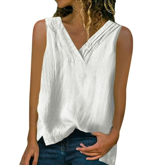 Babysbule Womens Summer Tops Clearance Womens Lmitation Linen Tops Shirt Ladies V Neck Loose Sleeveless Blouse Tee Vest