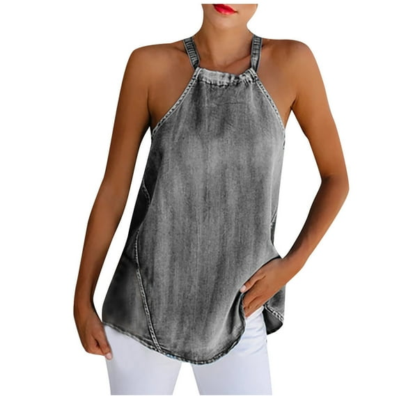 Babysbule Womens Summer Tops Fashion Women Casual Solid Denim Sleeveless Vest T-Shirt Blouse Halter Tops