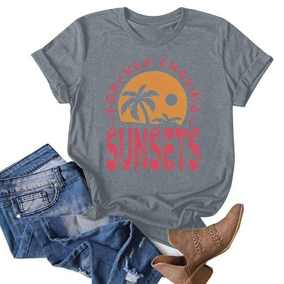 Babysbule Womens Summer Tops Summer Beach Printed T-shirt With Round Neck And Short Sleeved Top