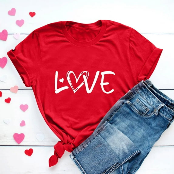 Babysbule Womens Summer Tops Valentine's Day Heart Printed Solid Color Top Short Sleeve T-Shirt