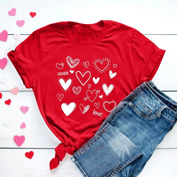 Babysbule Womens Summer Tops Valentine's Day Heart Printed Solid Color Top Short Sleeve T-Shirt