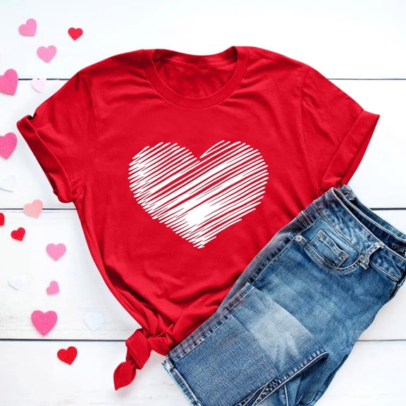 Babysbule Womens Summer Tops Valentine's Day Heart Printed Solid Color Top Short Sleeve T-Shirt