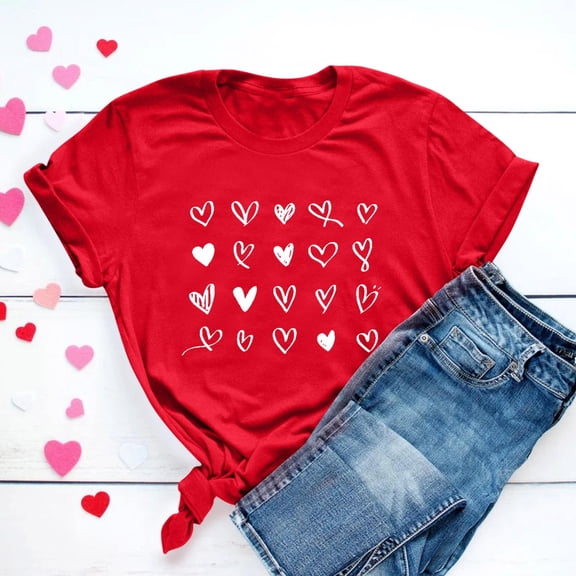 Babysbule Womens Summer Tops Valentine's Day Heart Printed Solid Color Top Short Sleeve T-Shirt