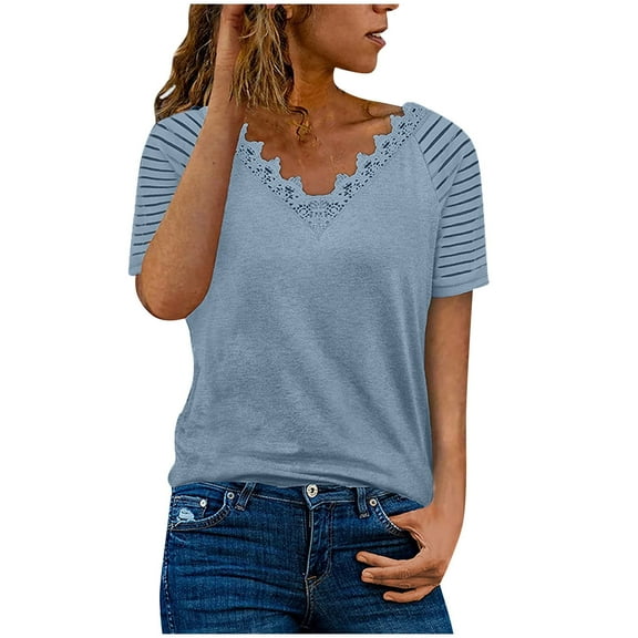 Babysbule Womens Summer Tops Women Casual Solid Short Sleeve V-Neck Loose Lace Blouse Tops T-Shirt