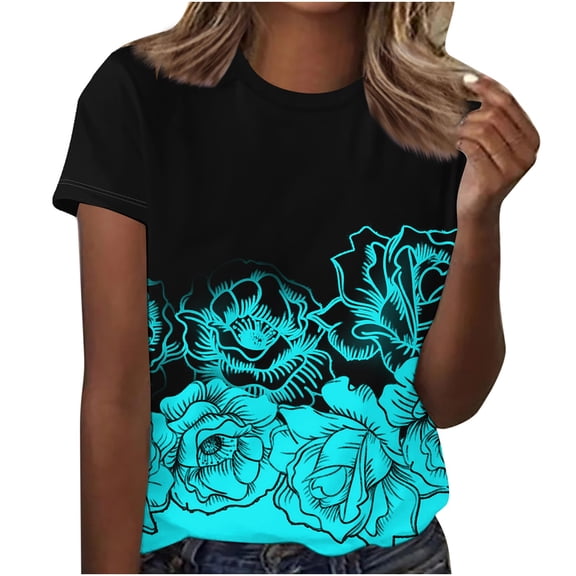 Babysbule Womens Summer Tops Women Fashion Summer Cute Printed Regular Women Short Sleeves Round Neck