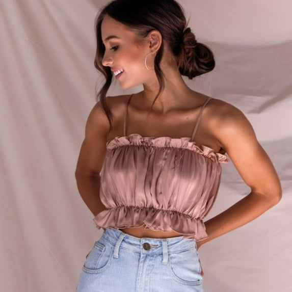 Babysbule Womens Summer Tops Women Ruffled Sling Tube Top Chiffon Sleeveless Vest Blouse