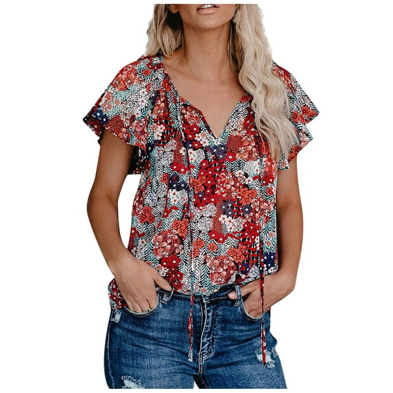 Babysbule Womens Summer Tops Women's Casual Floral Print V Neck Short Sleeve Shirts Tops Loose Blouses