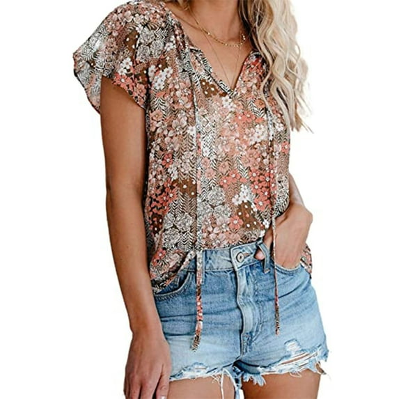 Babysbule Womens Summer Tops Women's Casual Floral Print V Neck Short Sleeve Shirts Tops Loose Blouses