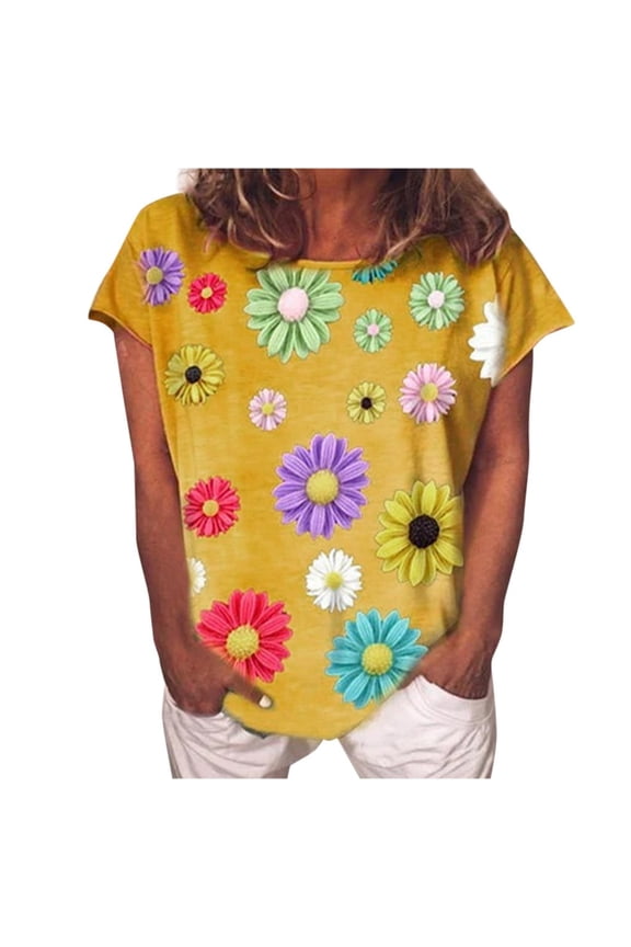 Womens Summer Tops Women's Casual V-Neck Daisy Print Short Sleeve T-Shirt Top