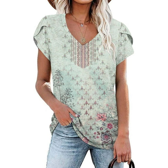 Babysbule Womens Summer Tunics Tops Short Sleeve Casual Floral Print T-Shirts V Neck Loose Comfy Tee Fashion Cute Blouse