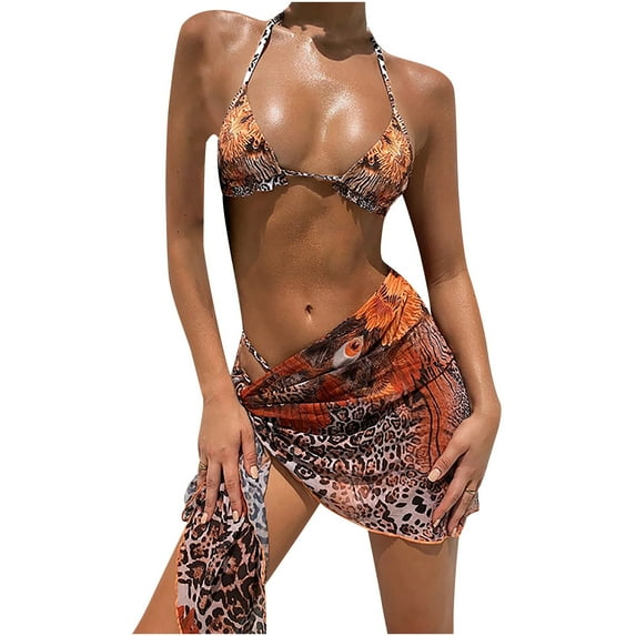 Babysbule Womens Swimsuits Women Leopard Print Strappy Sexy Three-Piece Bikini Push-Up Swimsuit Set