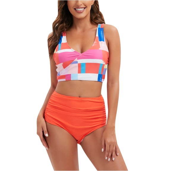 Babysbule Womens Swimwear Fashion Women Split Swimsuit High Waistflat Printing Color Matching Bikini