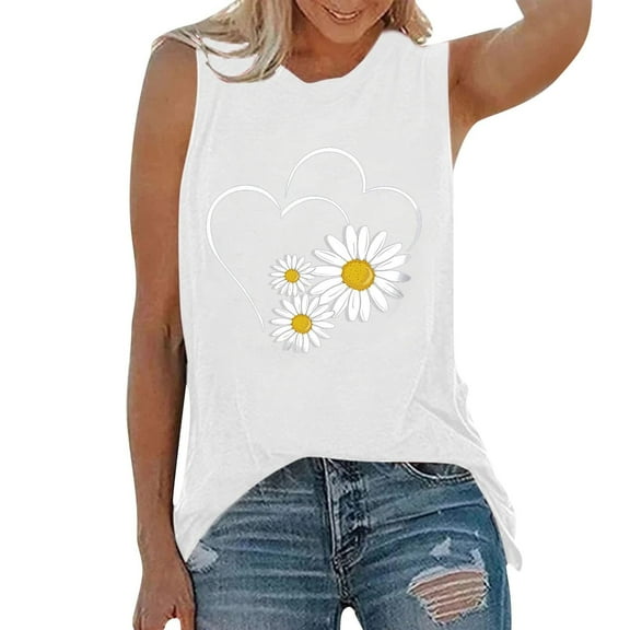 Babysbule Womens Tank Tops Summer Tank Tops For Women Summer Thin Daisy Sunflower Print Short Sleeve Sleeveless Vest Casual Loose Pullover Tunic Tees