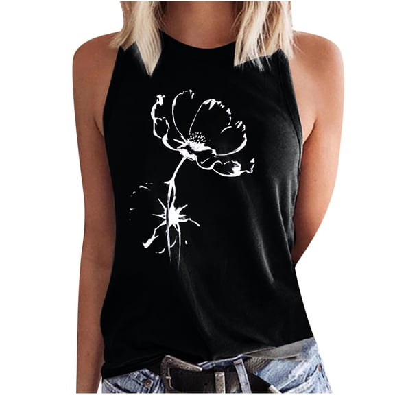 Babysbule Womens Tank Tops Summer Women Floral Printing Tank Fit Round-Neck Sleeveless Block Shirts Tunic Tee Tops