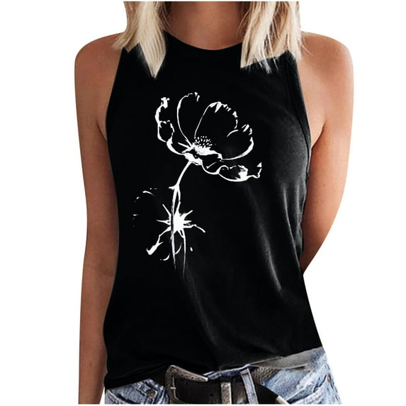 Babysbule Womens Tank Tops Summer Women Floral Printing Tank Fit Round-Neck Sleeveless Block Shirts Tunic Tee Tops