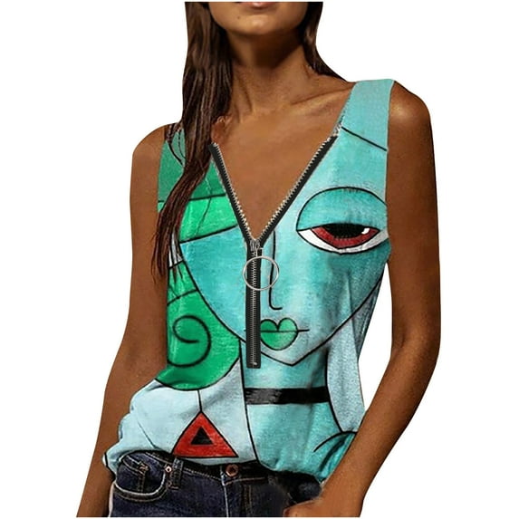 Babysbule Womens Tank Tops Summer Women's Ladies V Neck Zipper Tops Casual Printing T-Shirt Sleeveless Blouse Vest