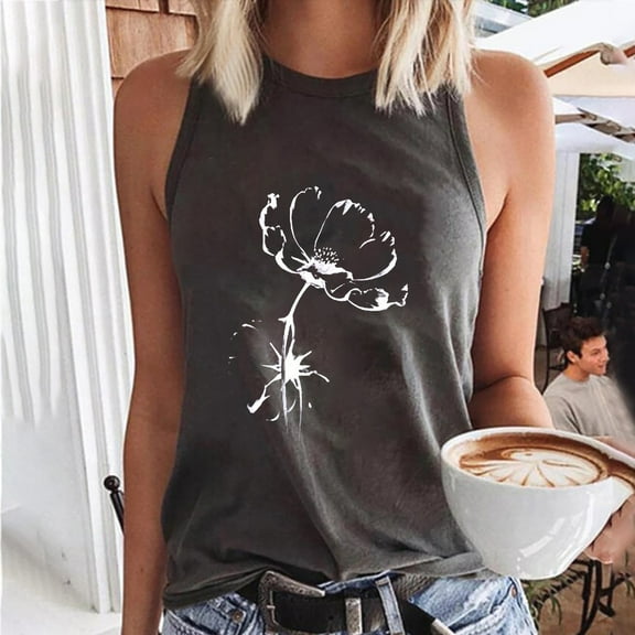 Babysbule Womens Tank Tops Women Floral Printing T-shirts Tank Fit Round-Neck Sleeveless Block Shirts Tunic Tee Tops