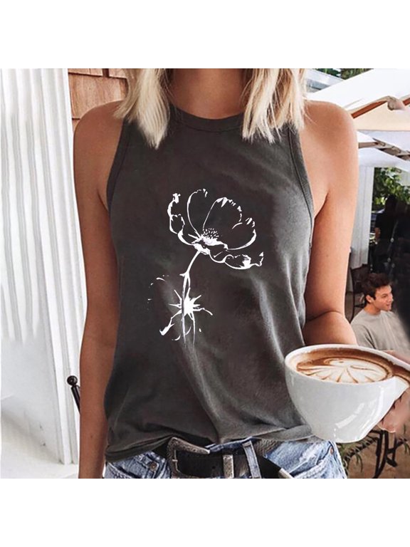 Womens Tank Tops Women Floral Printing Tank Fit Round-Neck Sleeveless Block Shirts Tunic Tee Tops