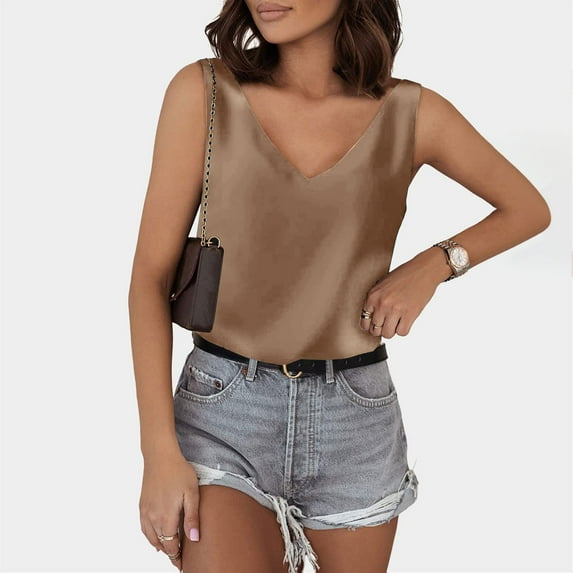 Babysbule Womens Tank Tops Women V-Neck Summer Satin Sleeveless Blouse Basic Solid Camisole Shirts Tank Tops
