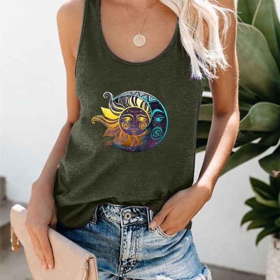Babysbule Womens Tank Tops Women's Fashion Loose Sun Moon Series Printed Sleeveless Tank Blouse Top
