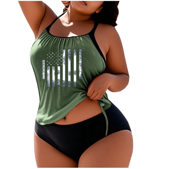 Babysbule Womens Tankini Swimsuits Sets Oversized Women's Print With Chest Cushion And No Steel Support Loose Drawstring Split Swimsuit