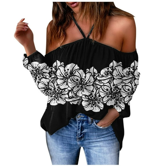 Babysbule Womens Tops Casual Loose Women Flowers Printing V-Neck Long Sleeve Halter workout Off Shoulder T-Shirt Casual Tops Blouse On Outfit