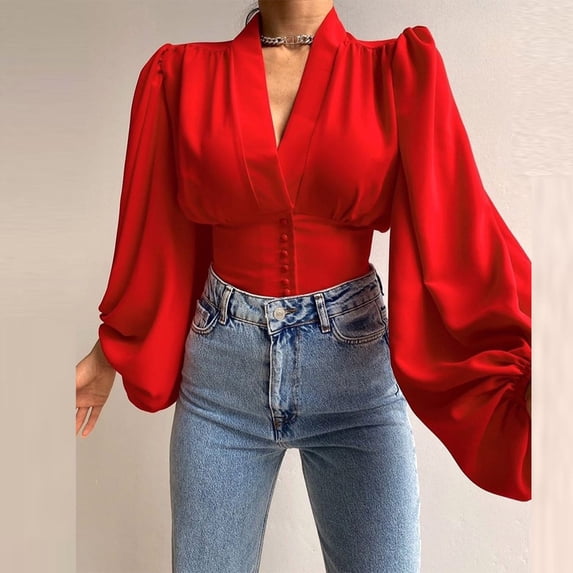 Babysbule Womens Tops Casual Solid/Printed V-Neck Lantern Long Sleeve Buttons Pullover Blouse Shirt Draw Back Short Tops