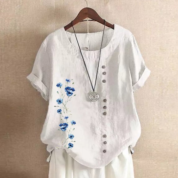 Babysbule Womens Tops Fashion Woman Rounk Neck Short Sleeve Blouse T-Shirt Printing Loose Tops
