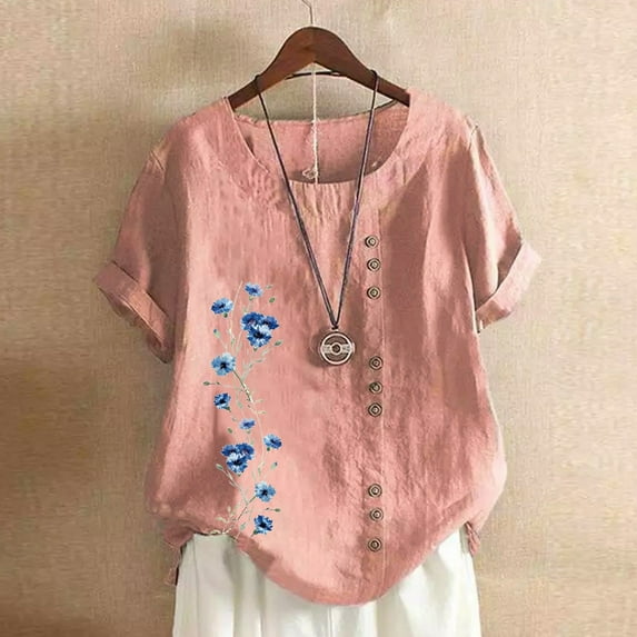 Babysbule Womens Tops Fashion Woman Rounk Neck Short Sleeve Blouse T-Shirt Printing Loose Tops