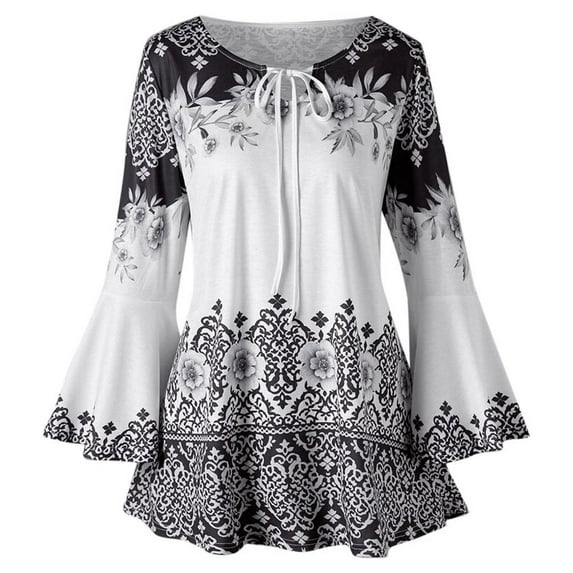 Babysbule Womens Tops Fashion Womens Plus Size Printed Flare Sleeve Tops Blouses Keyhole T-Shirts