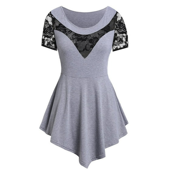Babysbule Womens Tops Clearance Plus Size Women Solid Floral Lace O-Neck Asymmetric Three Quarter Tops Blouse