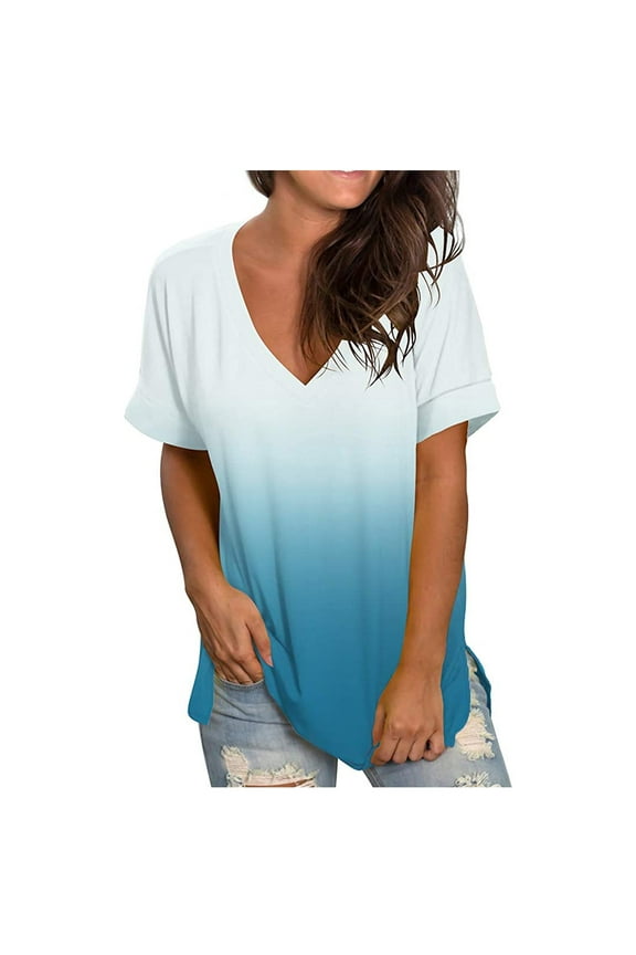 Womens Tops Women's Fashion Casual Gradient V-neck Short Sleeve Loose T-shirt Tops