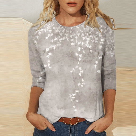 Babysbule Womens Tops Fashion Women's Fashion Printed Loose T-shirt 3/4 Sleeves Blouse Round Neck Casual Tops