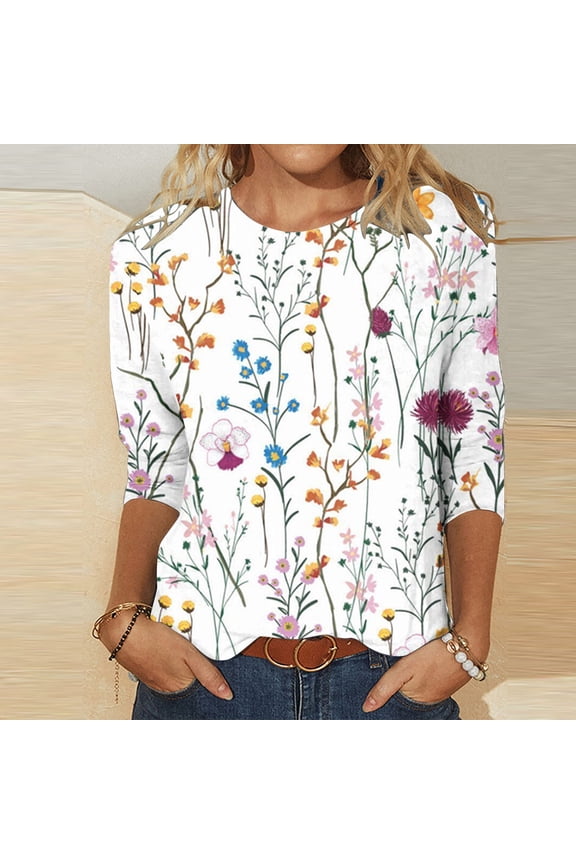 Womens Tops Women's Fashion Printed Loose T-shirt Mid-length 3/4 Sleeves Round Neck Blouse