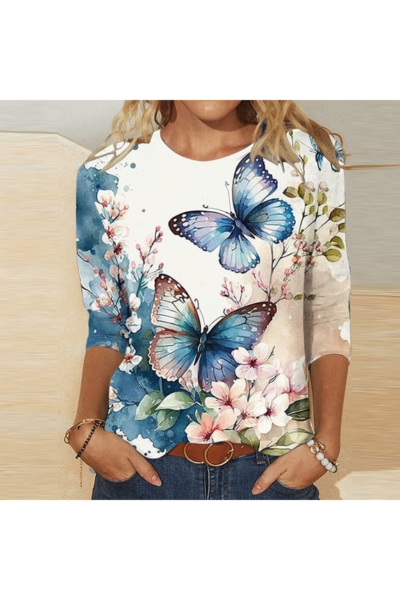 Womens Tops Fashion Women's Fashion Printed Loose T-shirt Mid-length 3/4 Sleeves Blouse Round Neck Casual Tops